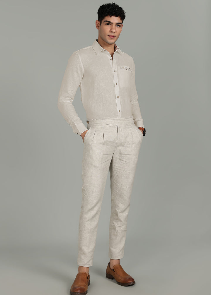 Onyx - Pure Linen Shirt with Printed Inner Collar & Welt Pocket - Ecru
