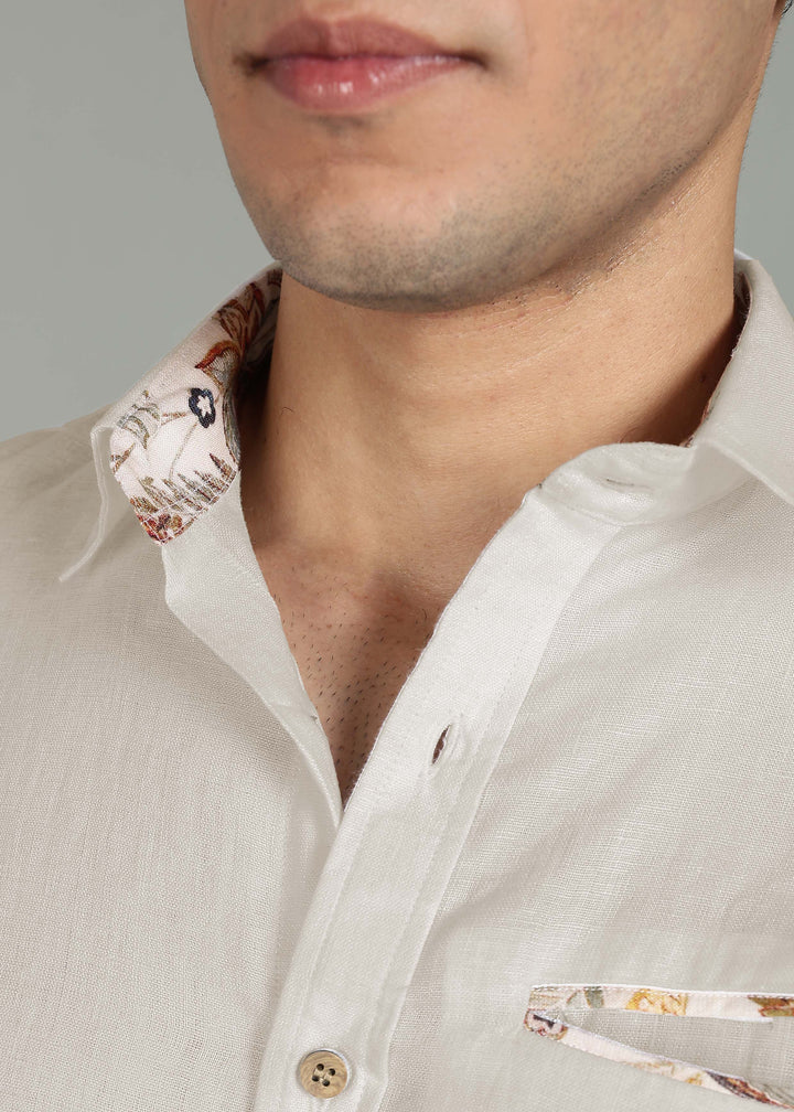 Onyx - Pure Linen Shirt with Printed Inner Collar & Welt Pocket - Ecru