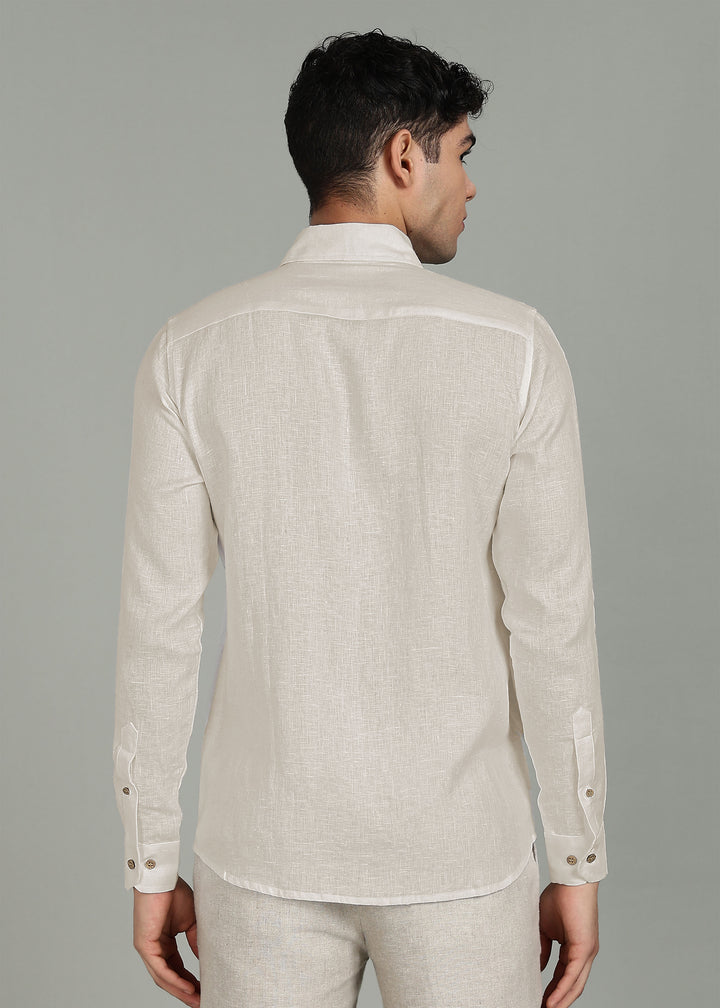 Onyx - Pure Linen Shirt with Printed Inner Collar & Welt Pocket - Ecru
