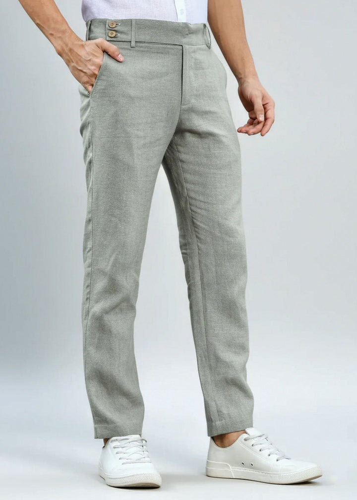 Brandon Double Button Broad Pure Linen Trousers - Slow Green