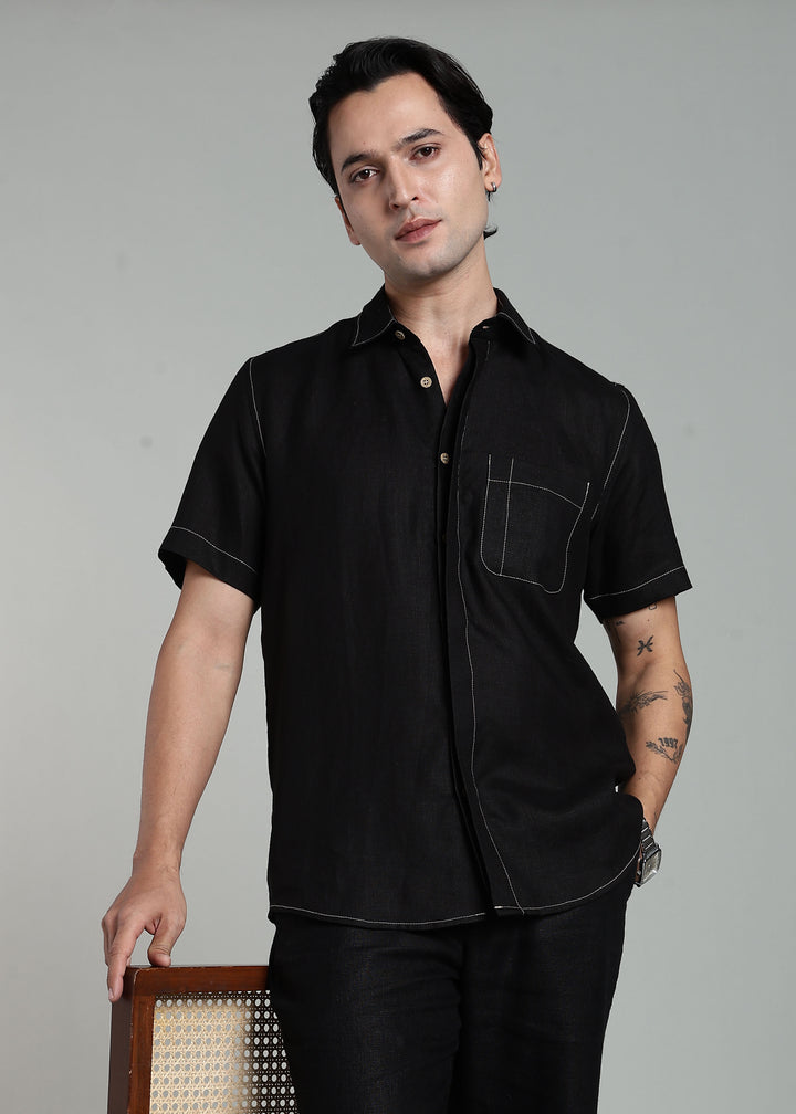 Paul - Pure Linen Stitch Detailed Half Sleeve Shirt - Black