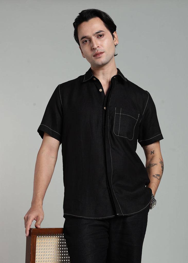 Black Pure Linen Stitch Detailed Half Sleeve Shirt – Linen Trail