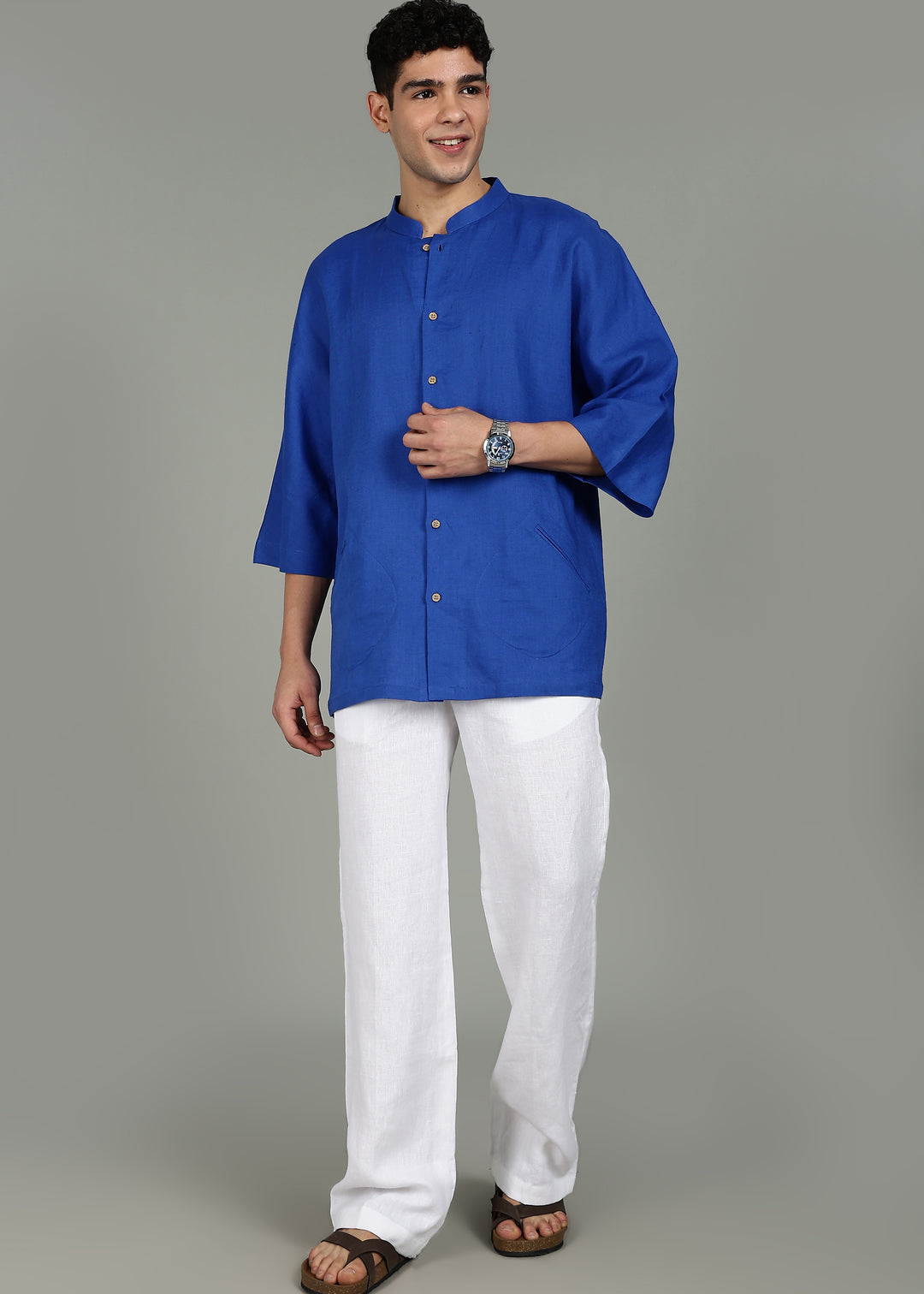 100% pure linen white pants in 25 LEA worn by a person on a gray background
