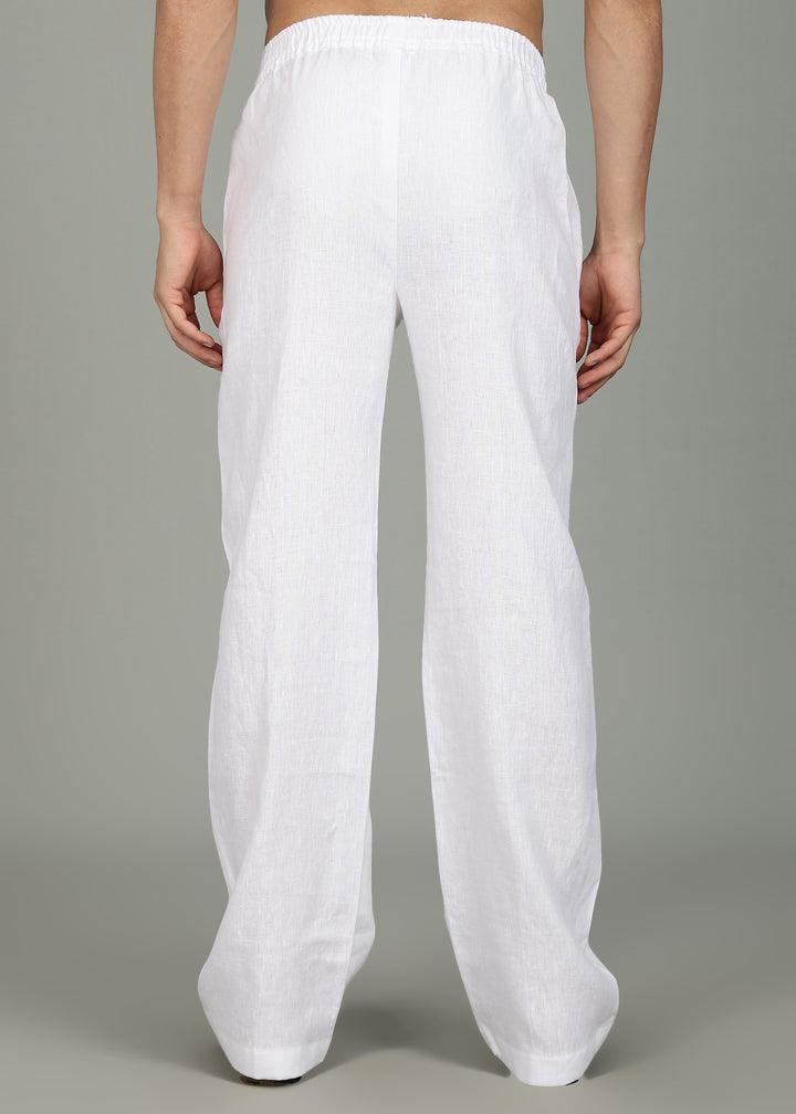 100% pure linen white pants in 25 LEA worn by a person on a gray background