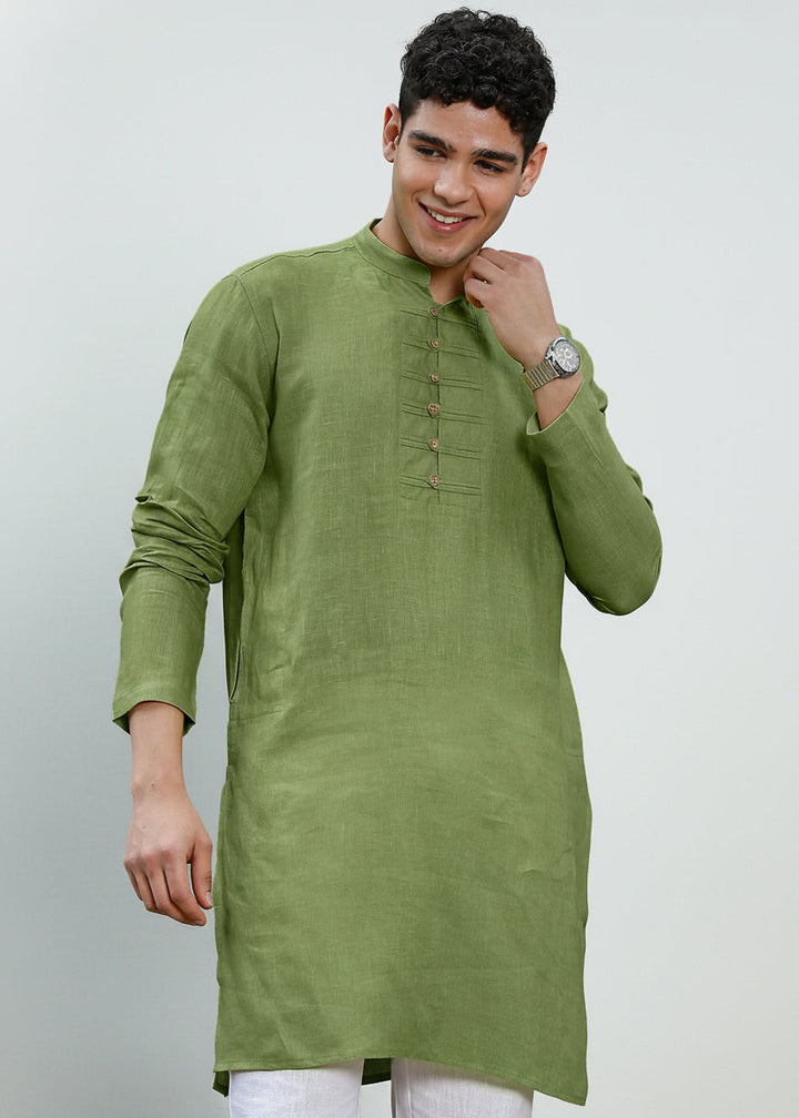 Shaan - Full Sleeve Band Collar Pure Linen Kurta - Cossack Green