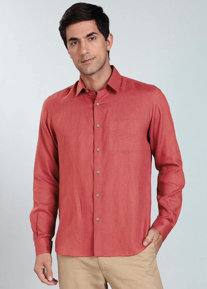 Ted - Pure Linen Long Sleeve Shirt - Terracotta Red