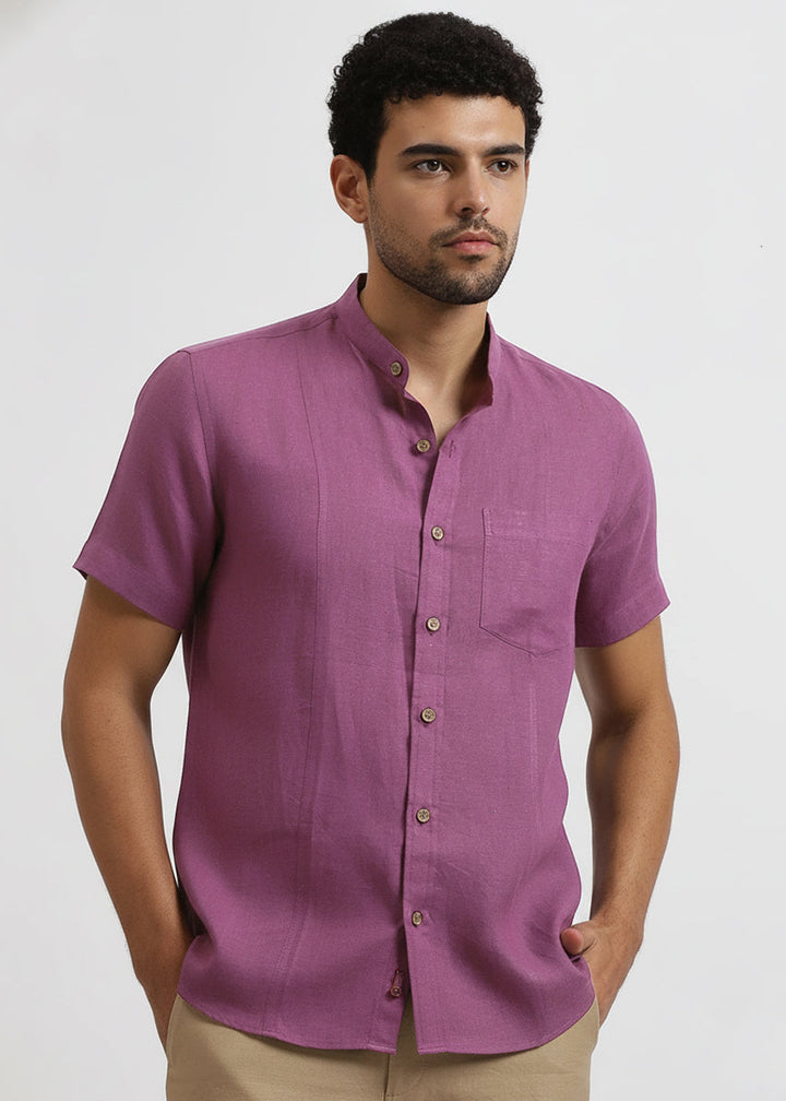 Trevor - Pure Linen Mandarin Collar Half Sleeve Shirt - Berry Purple