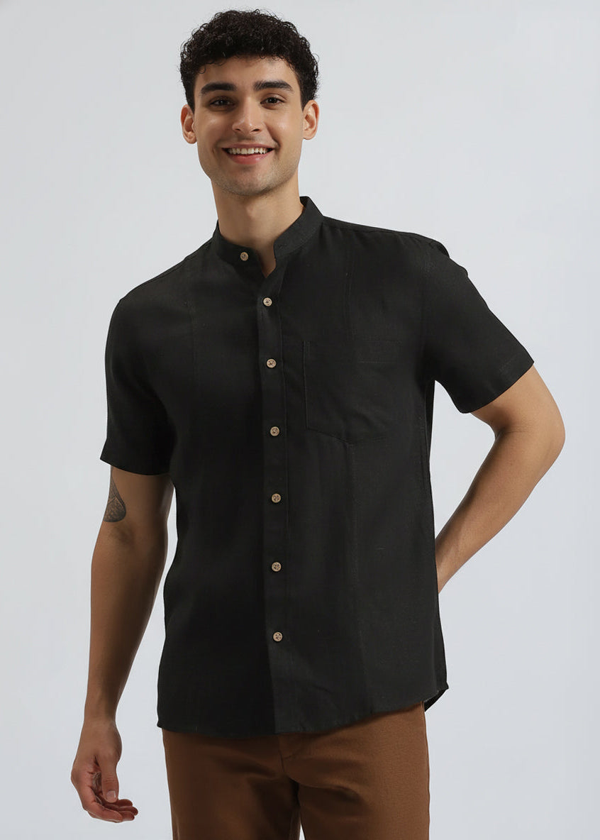 Trevor - Pure Linen Mandarin Collar Half Sleeve Shirt - Black