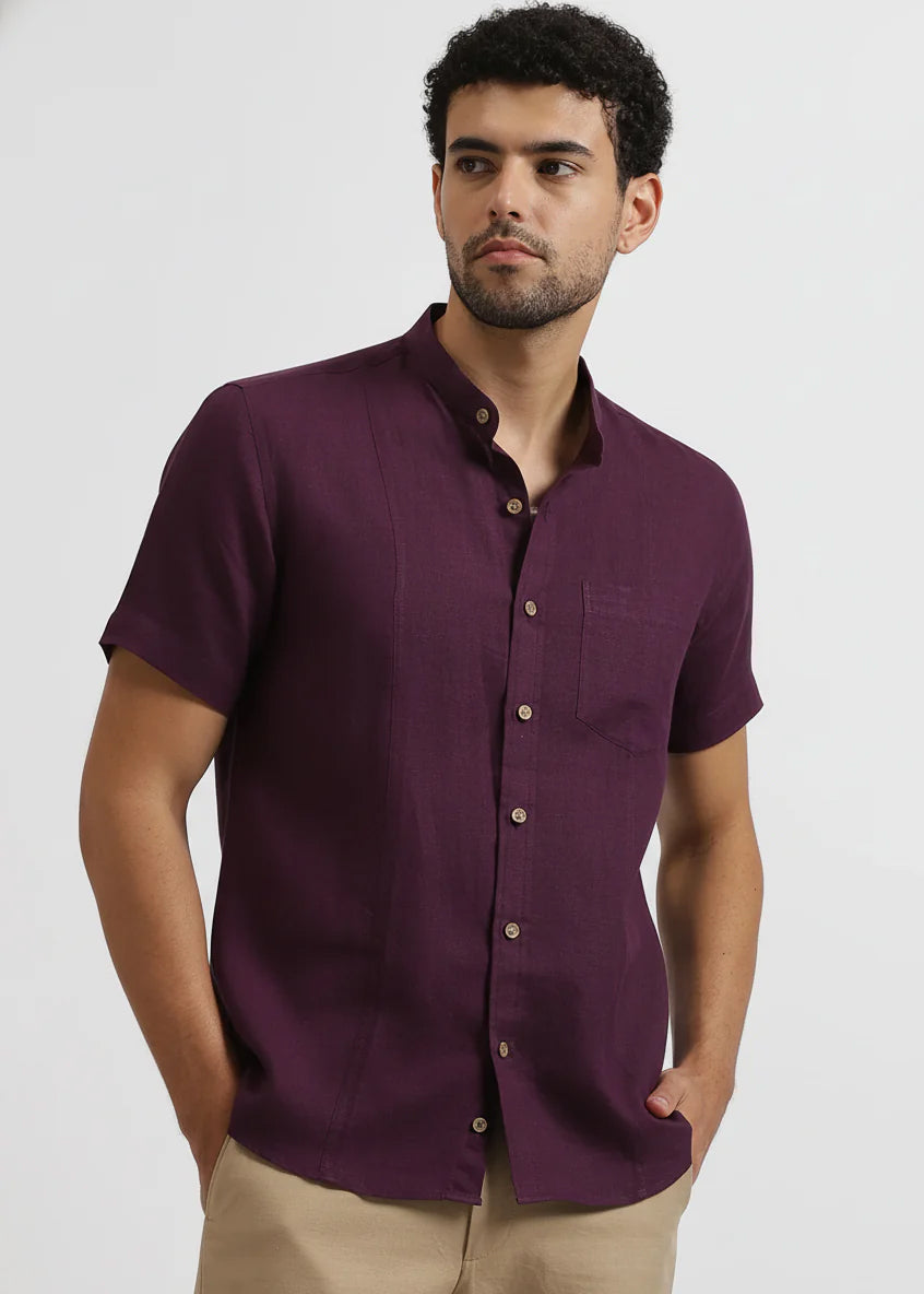 Trevor - Pure Linen Mandarin Collar Half Sleeve Shirt - Dark Purple
