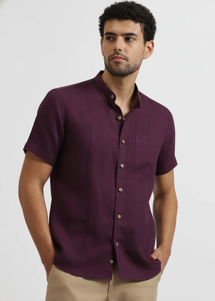 Trevor - Pure Linen Mandarin Collar Half Sleeve Shirt - Dark Purple