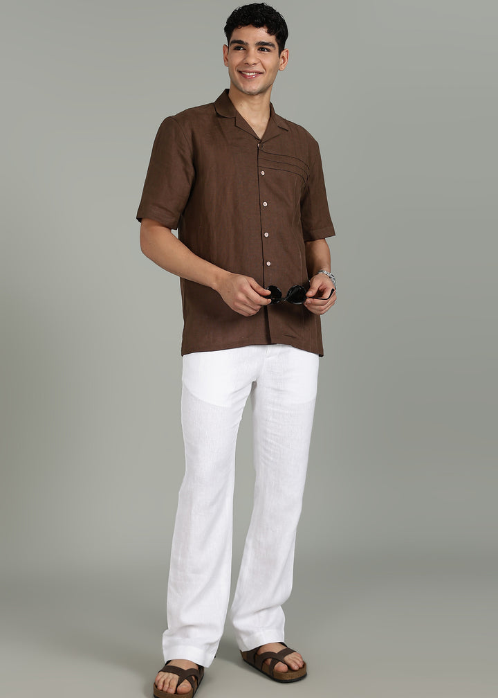 Vance - Pure Linen Half Sleeve Shirt with Pintuck Detailing - Coffee Brown