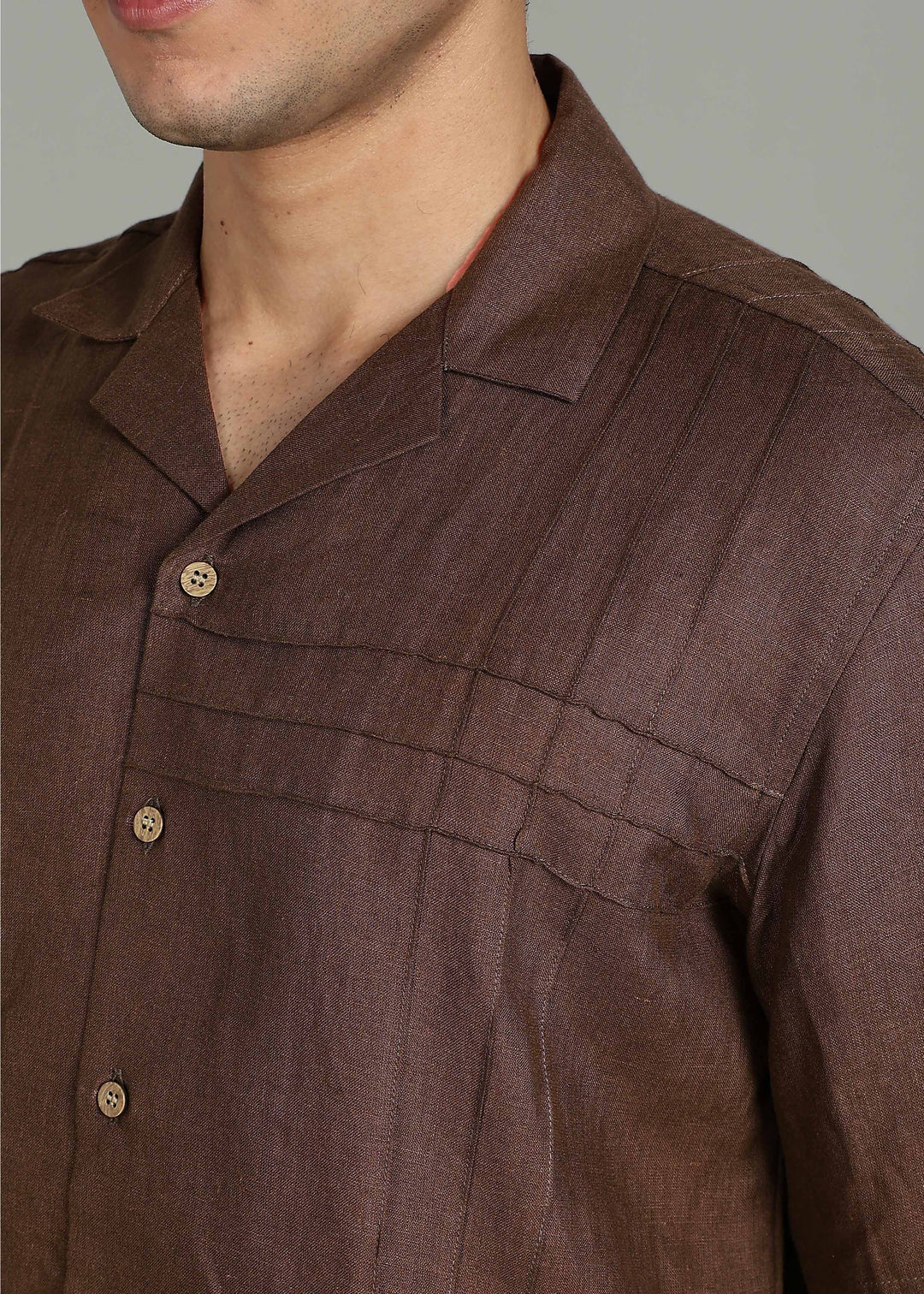 Vance - Pure Linen Half Sleeve Shirt with Pintuck Detailing - Coffee Brown