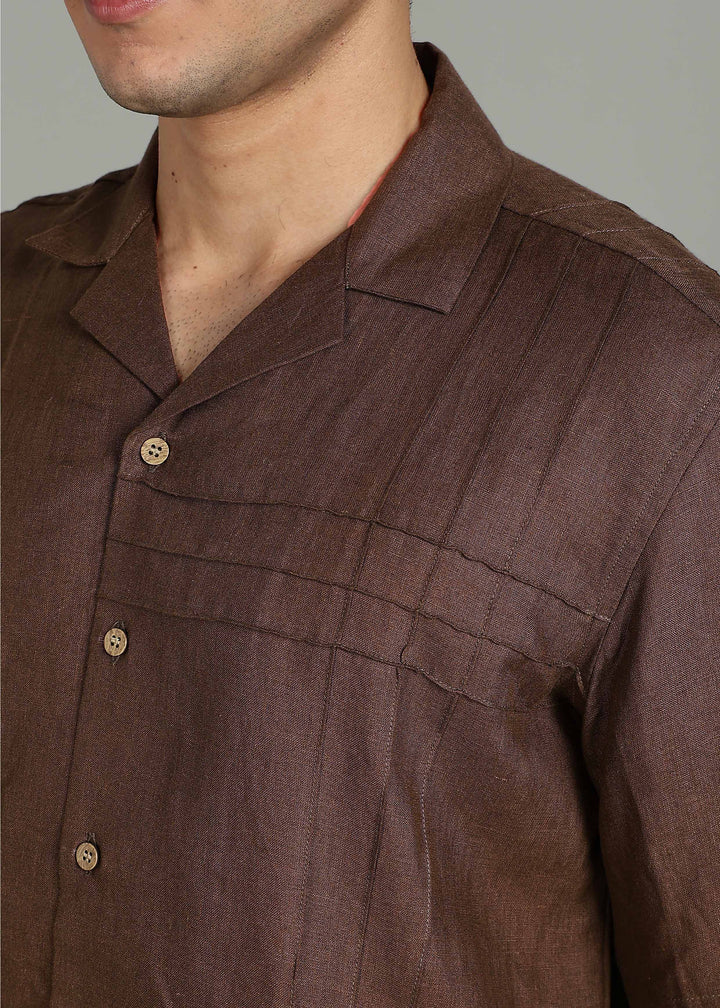 Vance - Pure Linen Half Sleeve Shirt with Pintuck Detailing - Coffee Brown