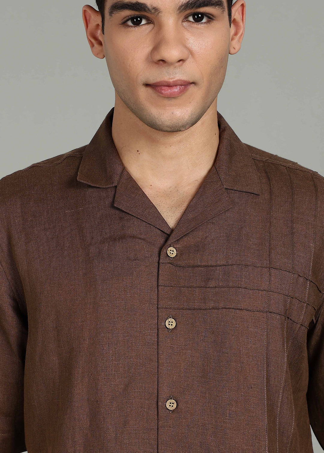 Vance - Pure Linen Half Sleeve Shirt with Pintuck Detailing - Coffee Brown