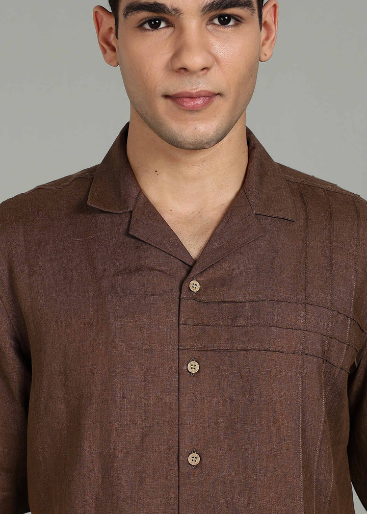 Vance - Pure Linen Half Sleeve Shirt with Pintuck Detailing - Coffee Brown