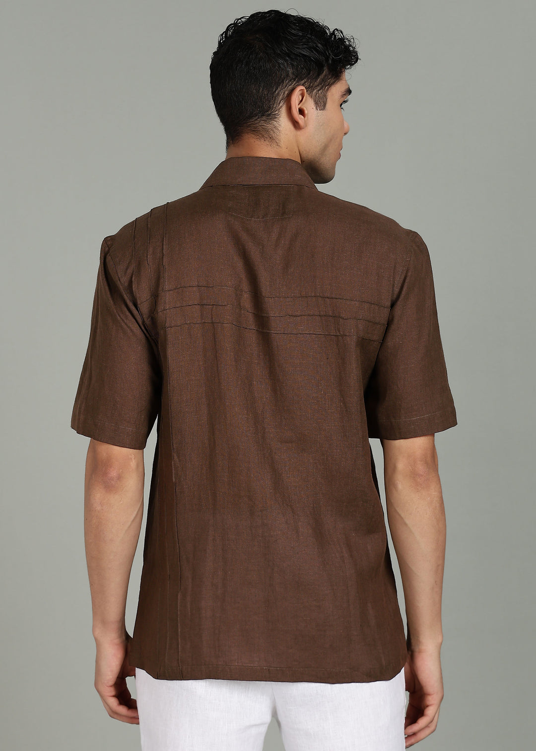 Vance - Pure Linen Half Sleeve Shirt with Pintuck Detailing - Coffee Brown
