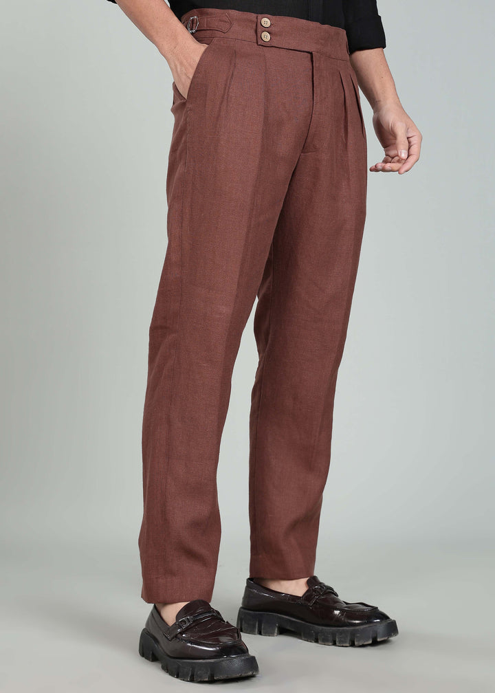 Wes Pants - Pure Linen Double Pleated Trousers with Adjustable Waistband - Amber Brown