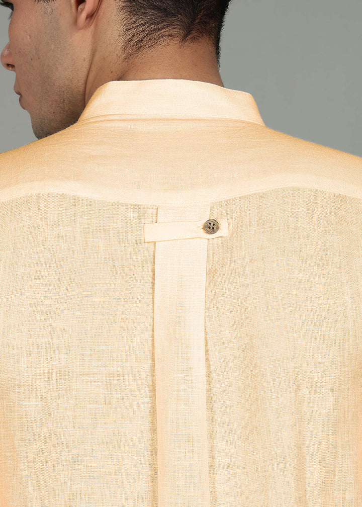 Zeke - Pure Linen Shirt with Back Box Pleat & Button Detail - Light Tea Yellow