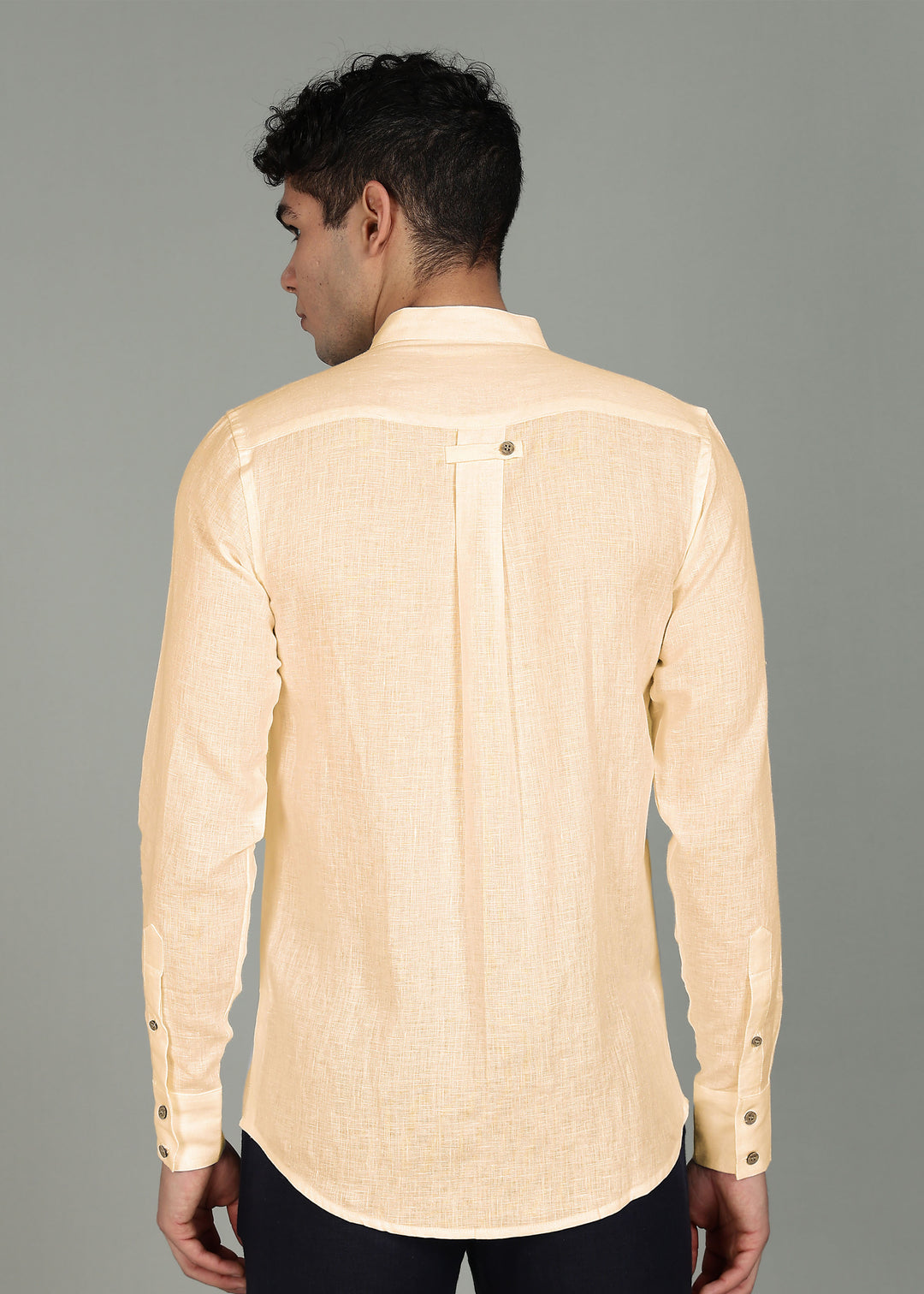 Zeke - Pure Linen Shirt with Back Box Pleat & Button Detail - Light Tea Yellow