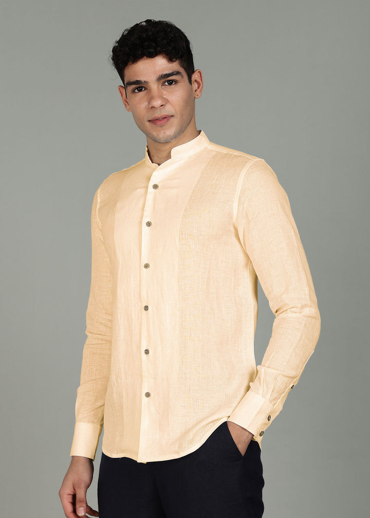 Zeke - Pure Linen Shirt with Back Box Pleat & Button Detail - Light Tea Yellow