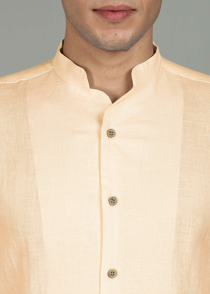 Zeke - Pure Linen Shirt with Back Box Pleat & Button Detail - Light Tea Yellow