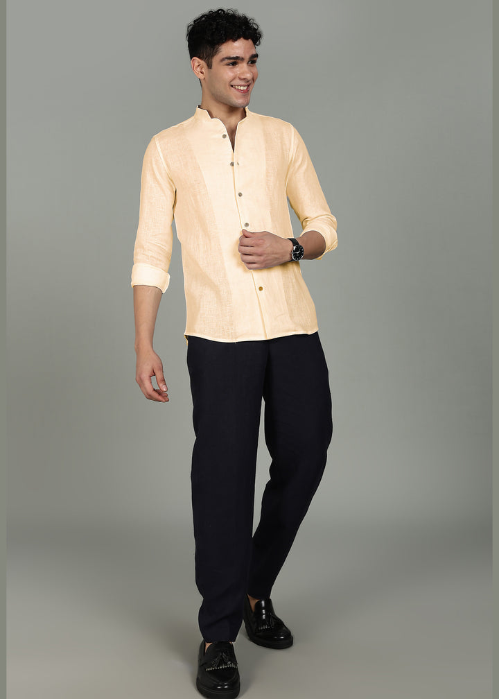 Zeke - Pure Linen Shirt with Back Box Pleat & Button Detail - Light Tea Yellow