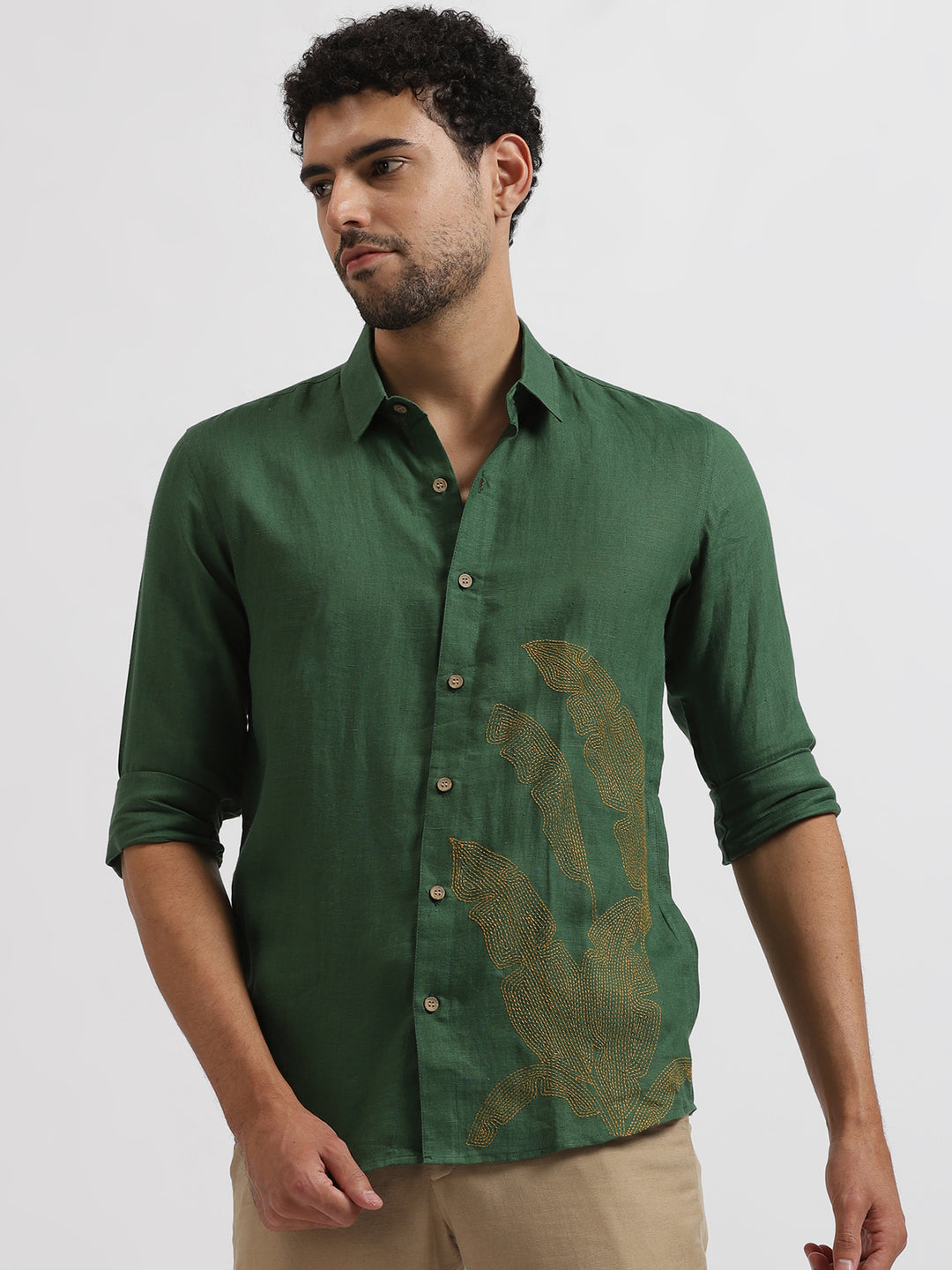 Leef - Pure Linen Hand Embroidered Full Sleeve Shirt - Green