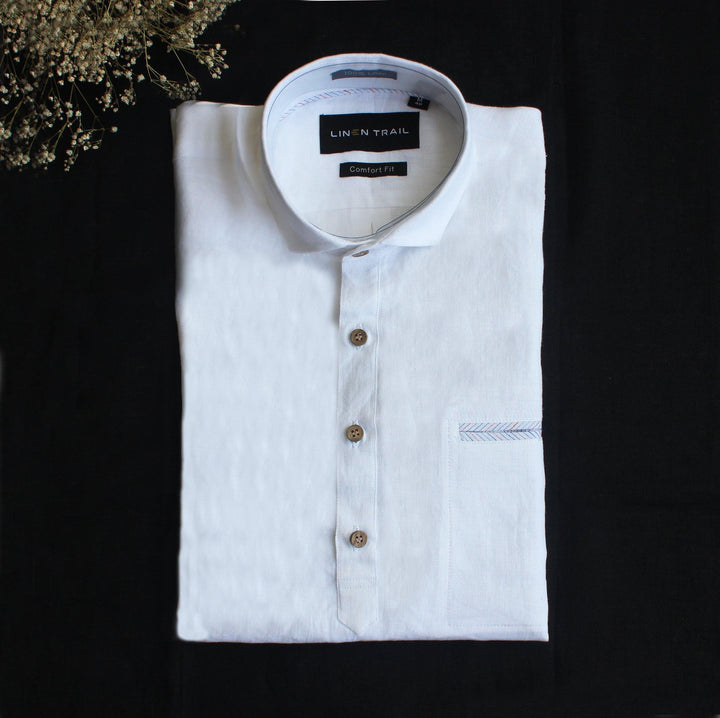 Ben - Pure Linen Pocket Detailed Half Sleeve Shirt - White