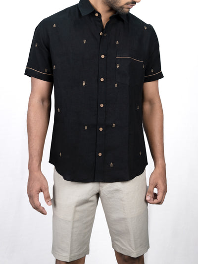Pyramid - Pure Linen Hand-Embroidered Half Sleeve Shirt - Black