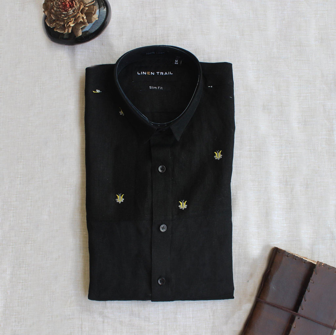 Steven - Men's Pure Linen Embroidered Half Sleeve Shirt - Black