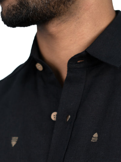 Pyramid - Pure Linen Hand-Embroidered Half Sleeve Shirt - Black