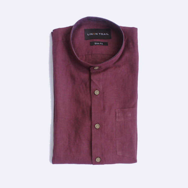 Rosso - Pure Linen Mandarin Collar Half Sleeve Shirt - Wine Red