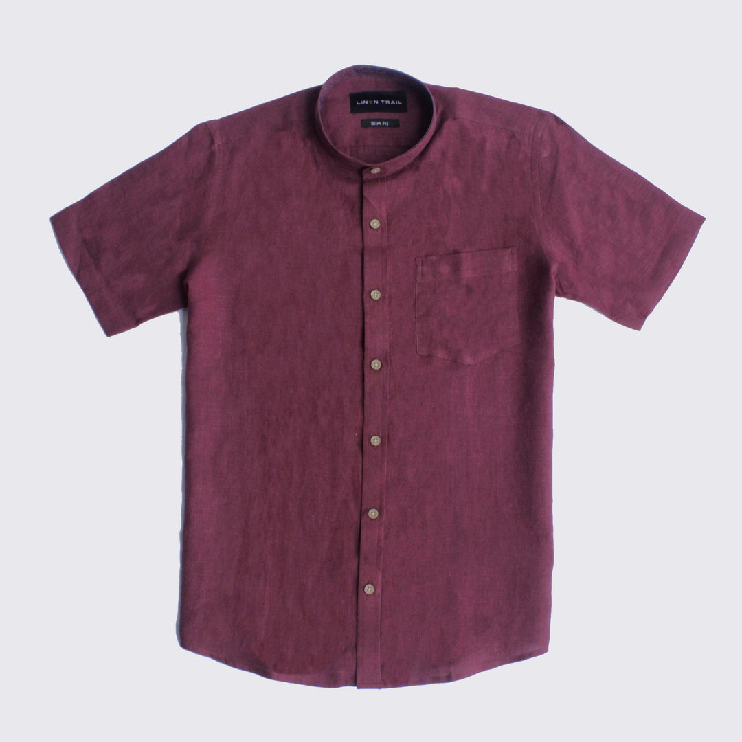 Rosso - Pure Linen Mandarin Collar Half Sleeve Shirt - Wine Red