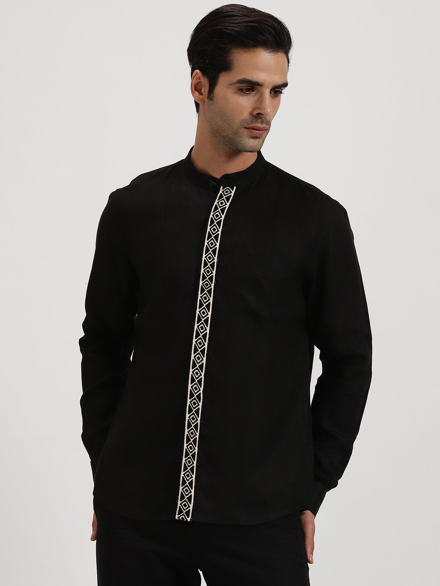 Thivican - Pure Linen Toda Hand-Embroidered Long Sleeve Shirt - Black