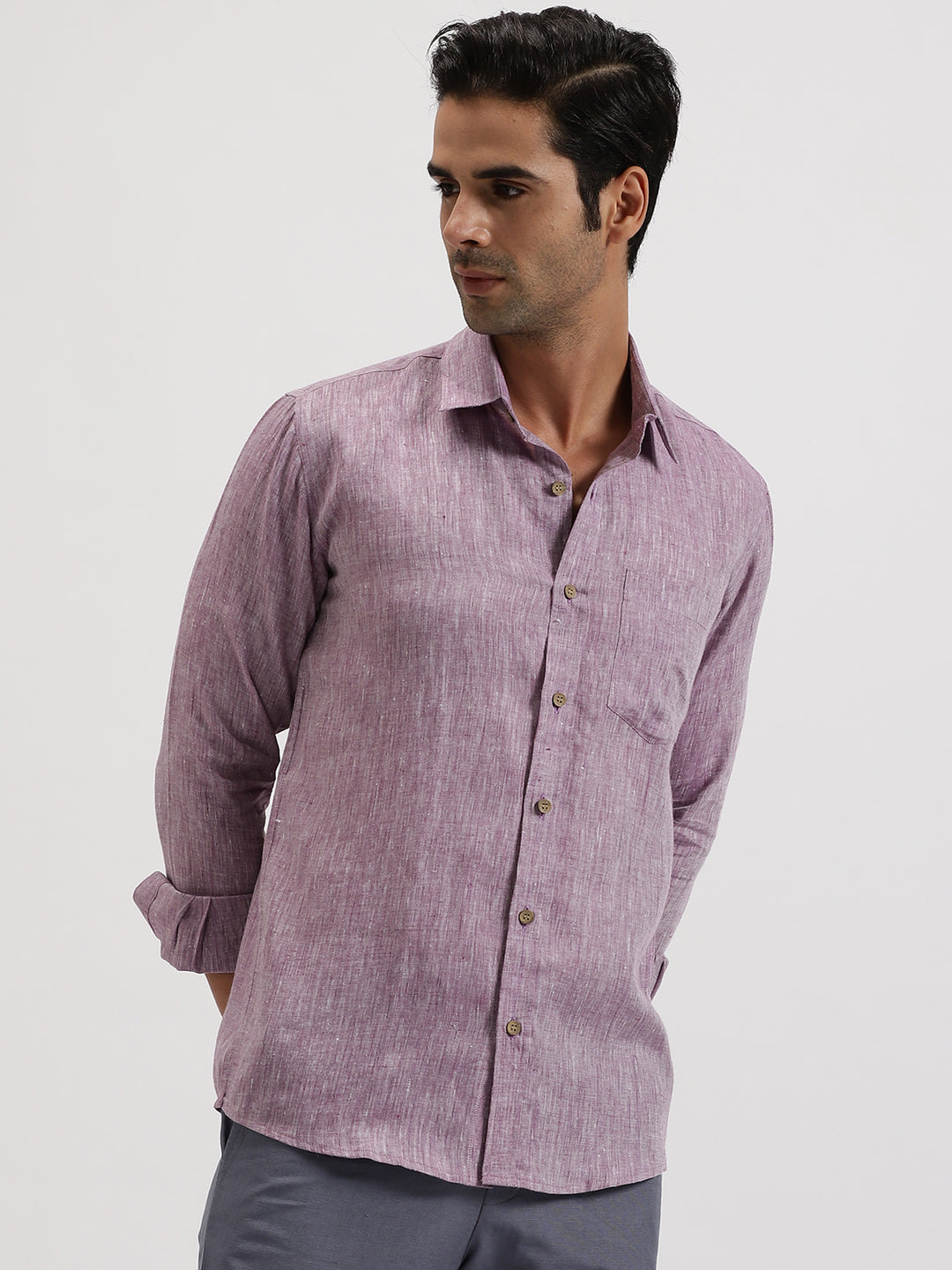 Bryce - Pure Linen Chambray Long Sleeve Shirt - Lilac
