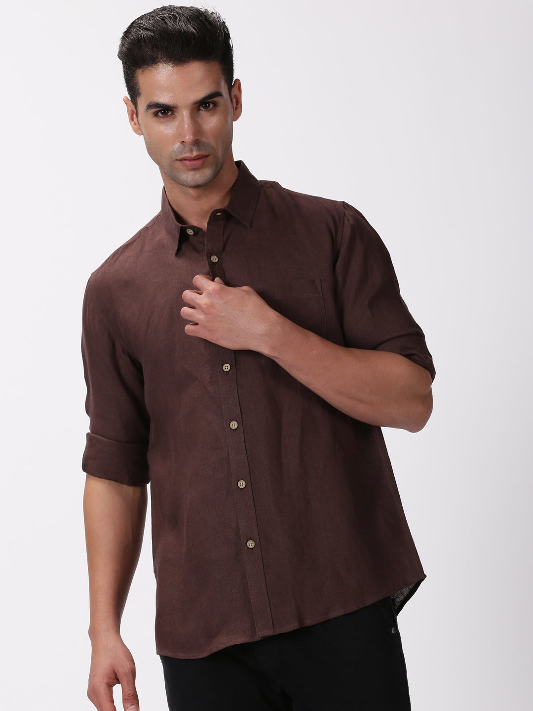 Kian - Pure Linen Regular Collar Full Sleeve Shirt - Dark Chocolate