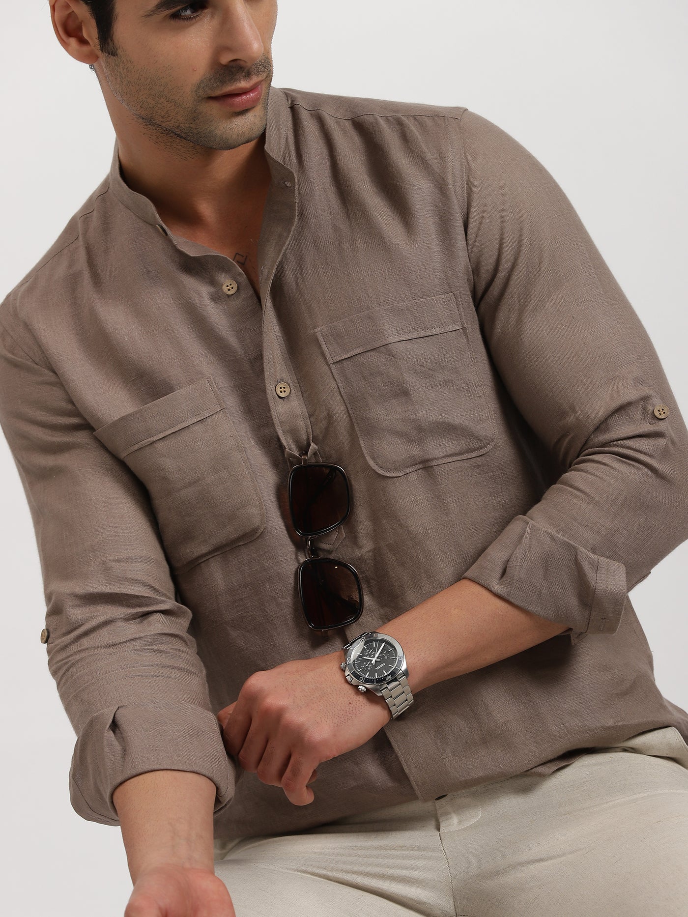 Luca - Pure Linen Double Pocket Full Sleeve Shirt - Sepia Brown