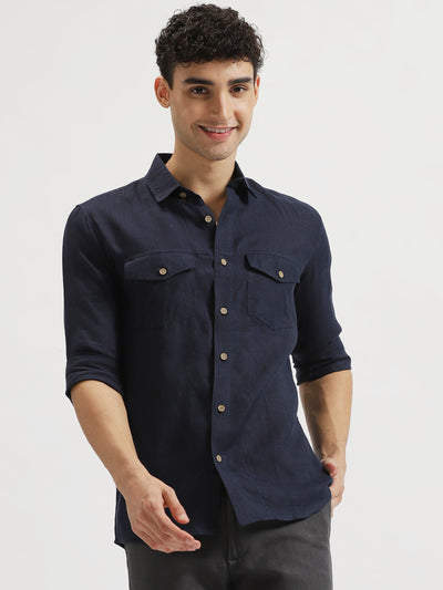 Thomas - Pure Linen Double Pocket Full Sleeve Shirt - Dark Blue