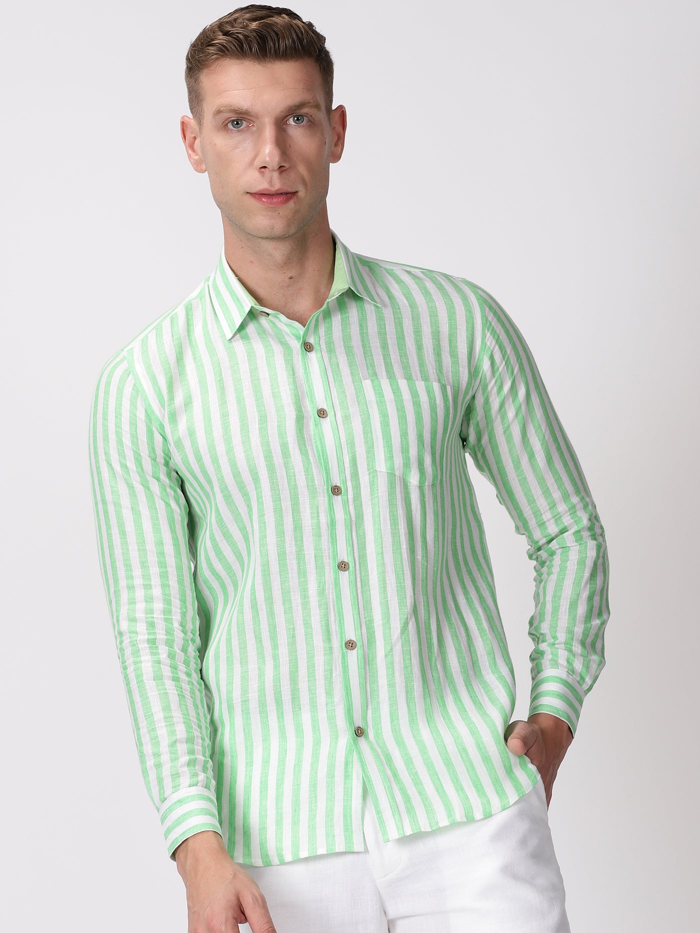 Arthur - Pure Linen Full Sleeve Shirt - Awning Green Stripes