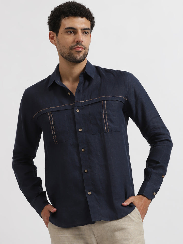 Xander - Pure Linen Double Pocket Embroidered Full Sleeve Shirt - Dark Blue