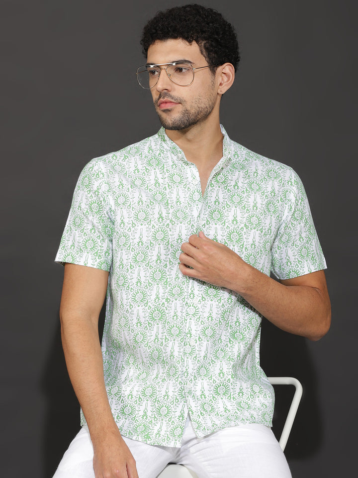 Leon - Pure Linen Block Printed Half Sleeve Shirt - Green & White