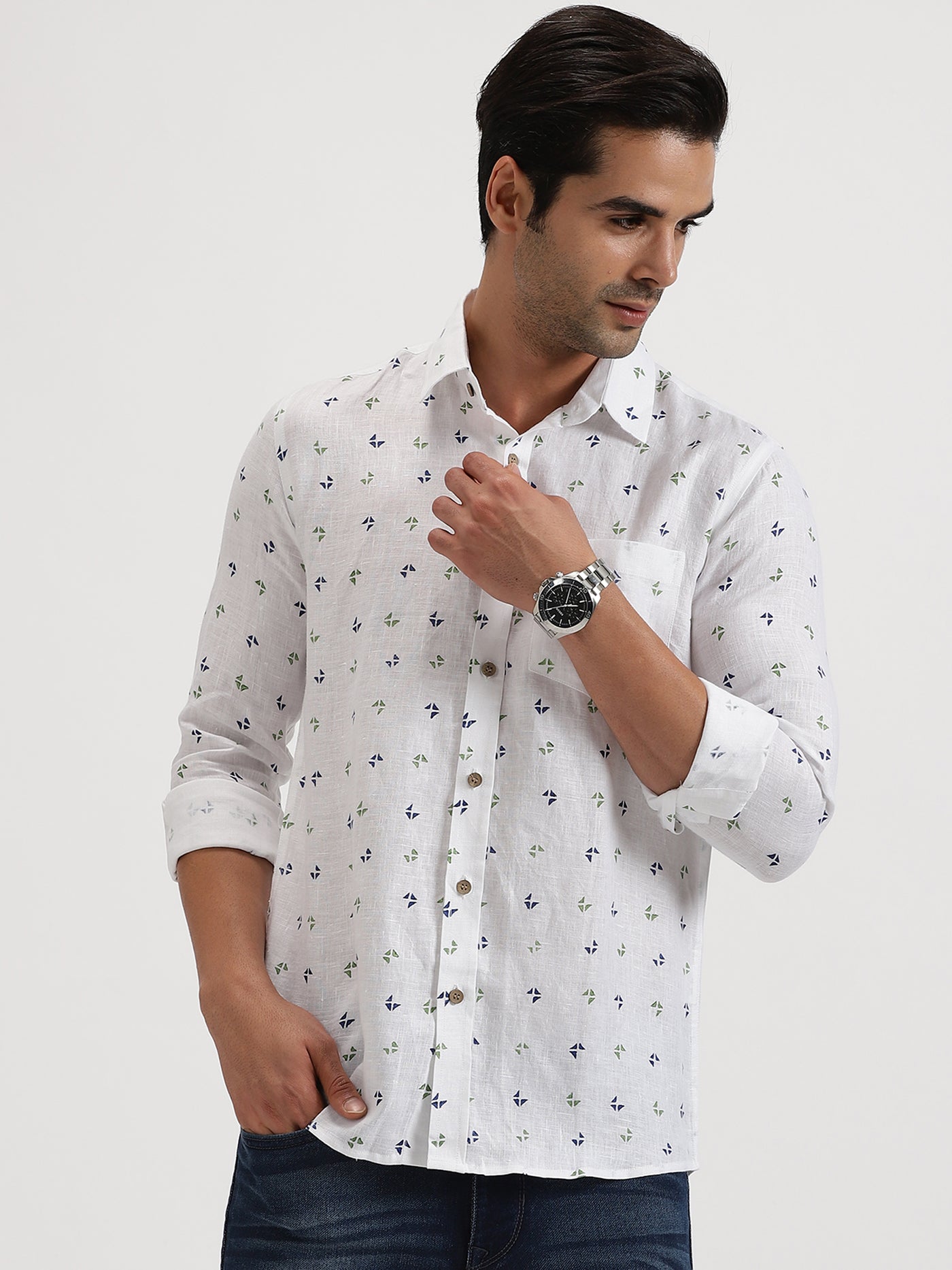 Elies - Pure Linen Block Printed Full Sleeve Shirt - Navy & Green