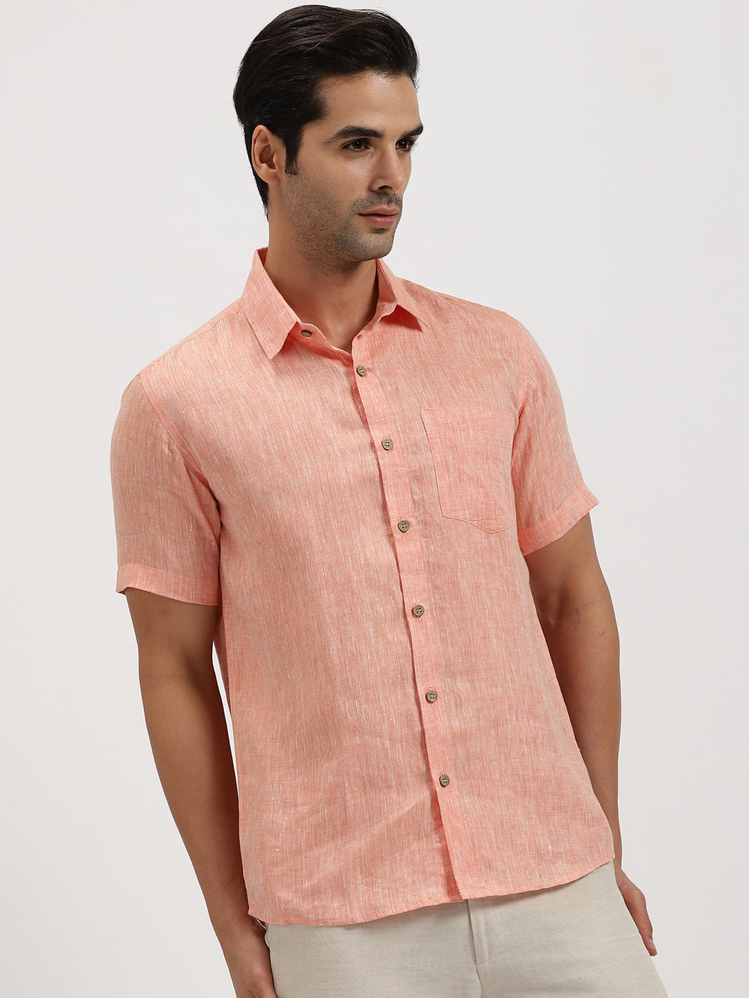 Bryce - Pure Linen Chambray Half Sleeve Shirt - Orange