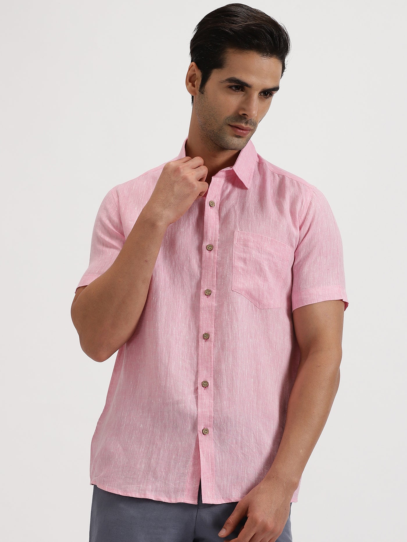 Bryce - Pure Linen Chambray Half Sleeve Shirt - Pink