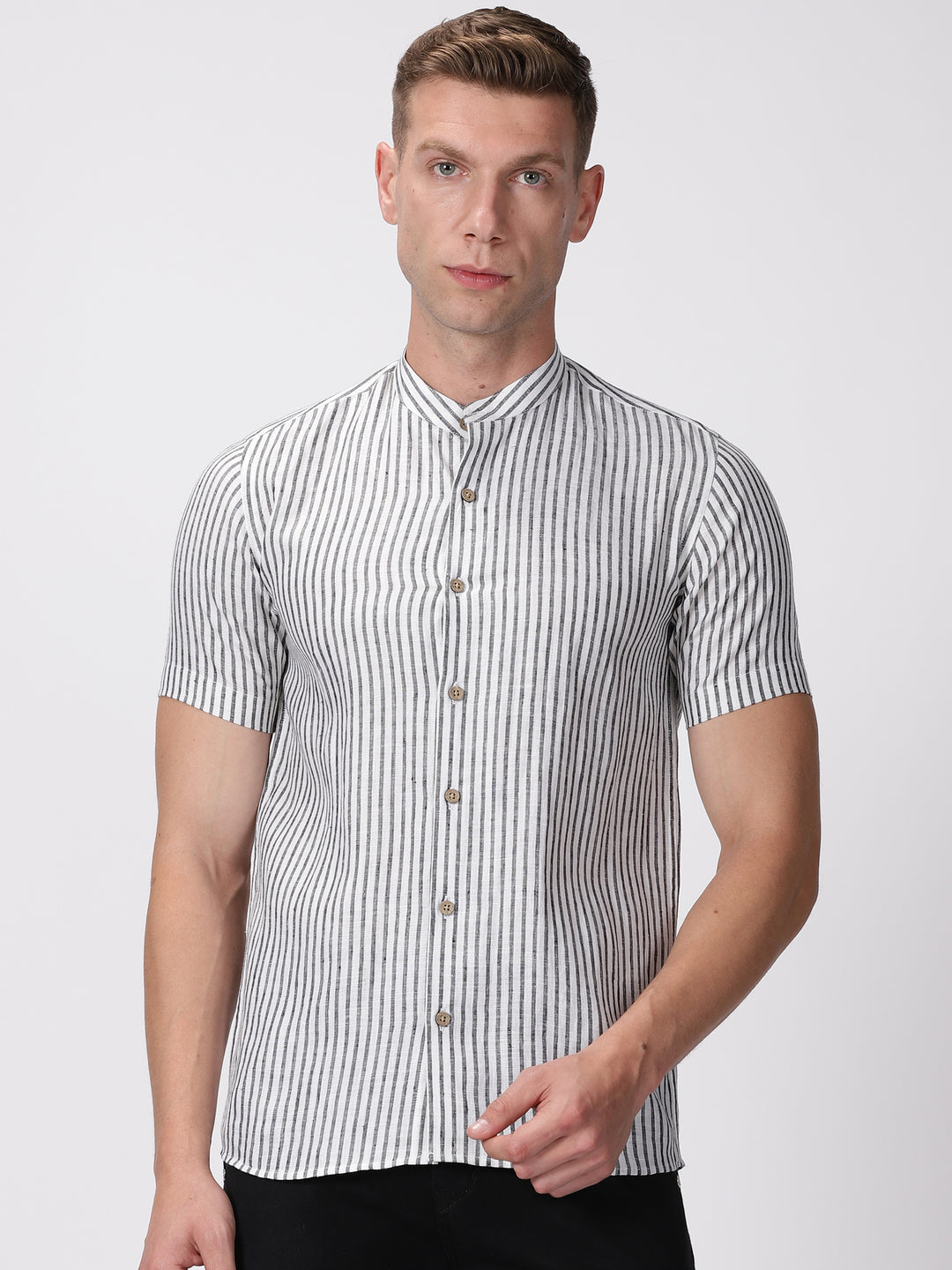 Max - Pure Linen Striped Short Sleeve Shirt - Black & White