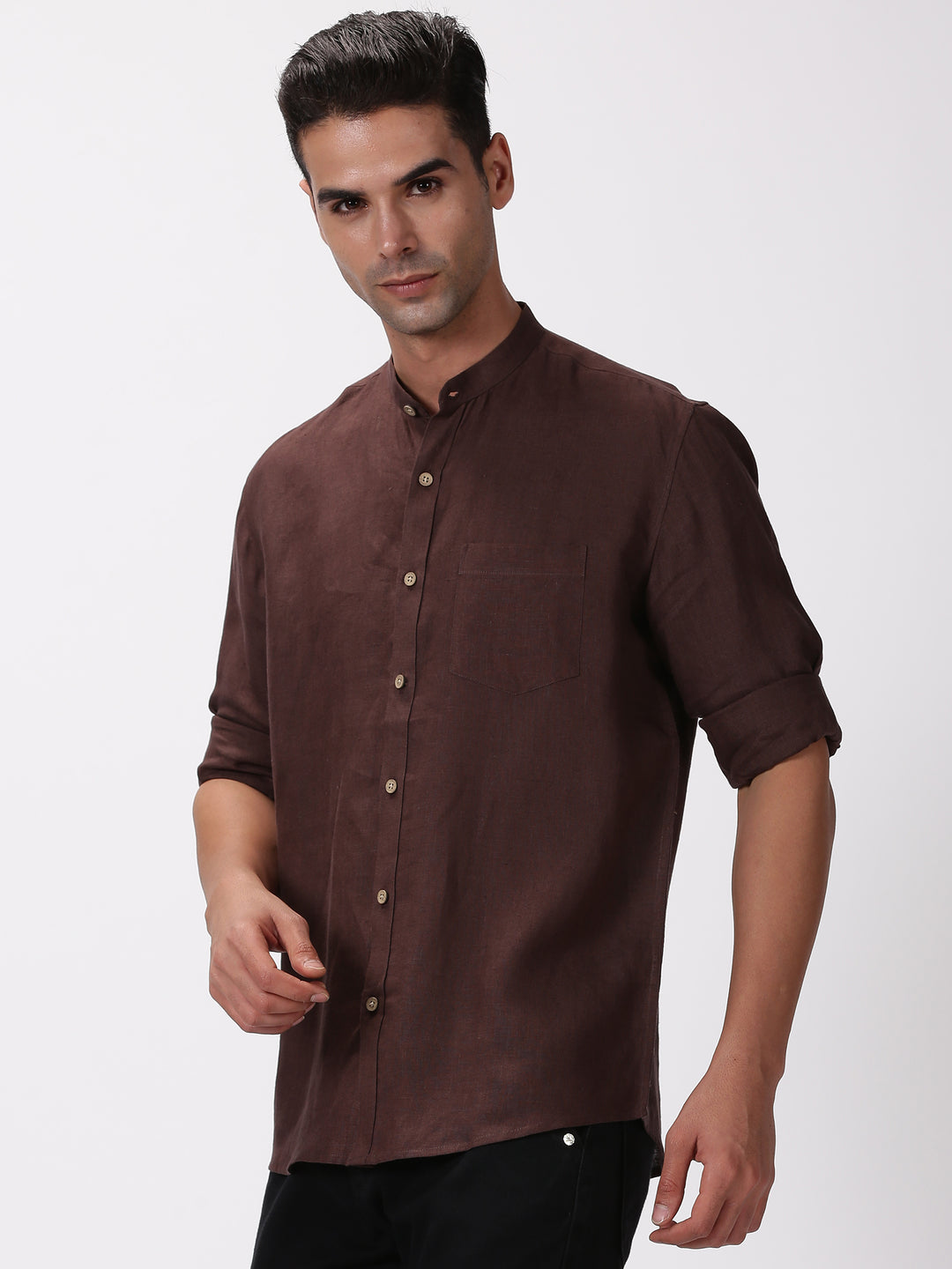 Enzo - Pure Linen Mandarin Collar Full Sleeve Shirt - Dark Chocolate