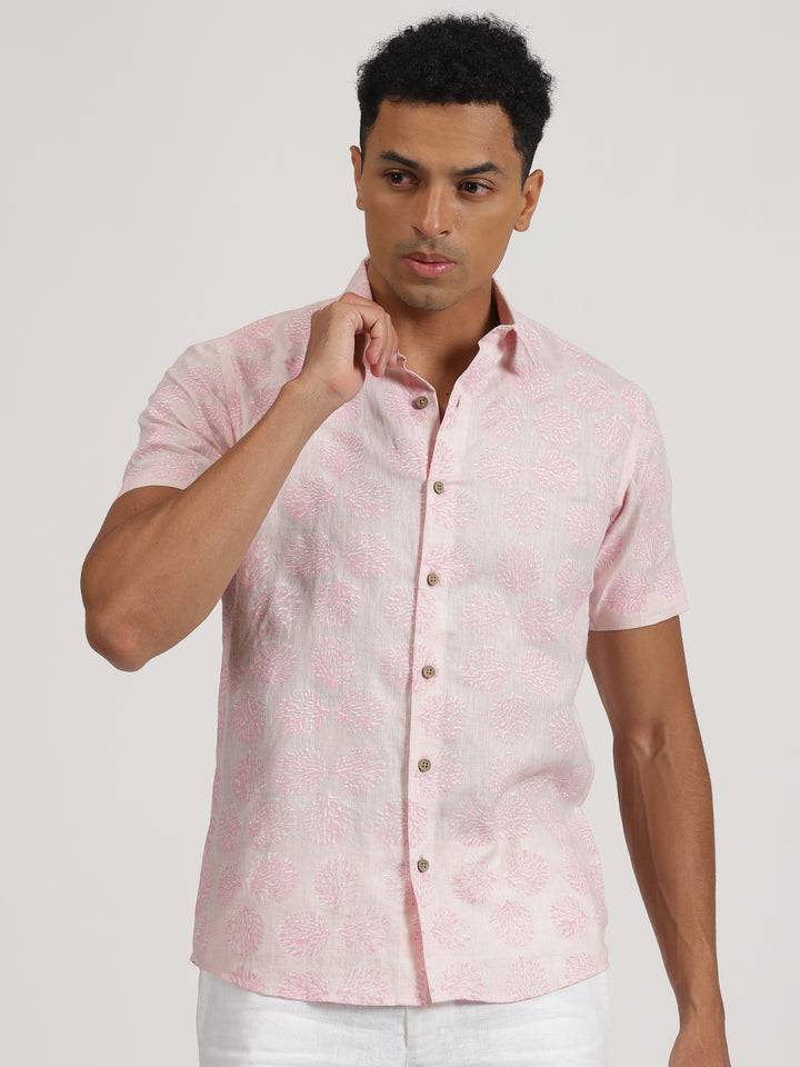 Rex - Pure Linen Hand Block Double Printed Short Sleeve Shirt - Light Pink