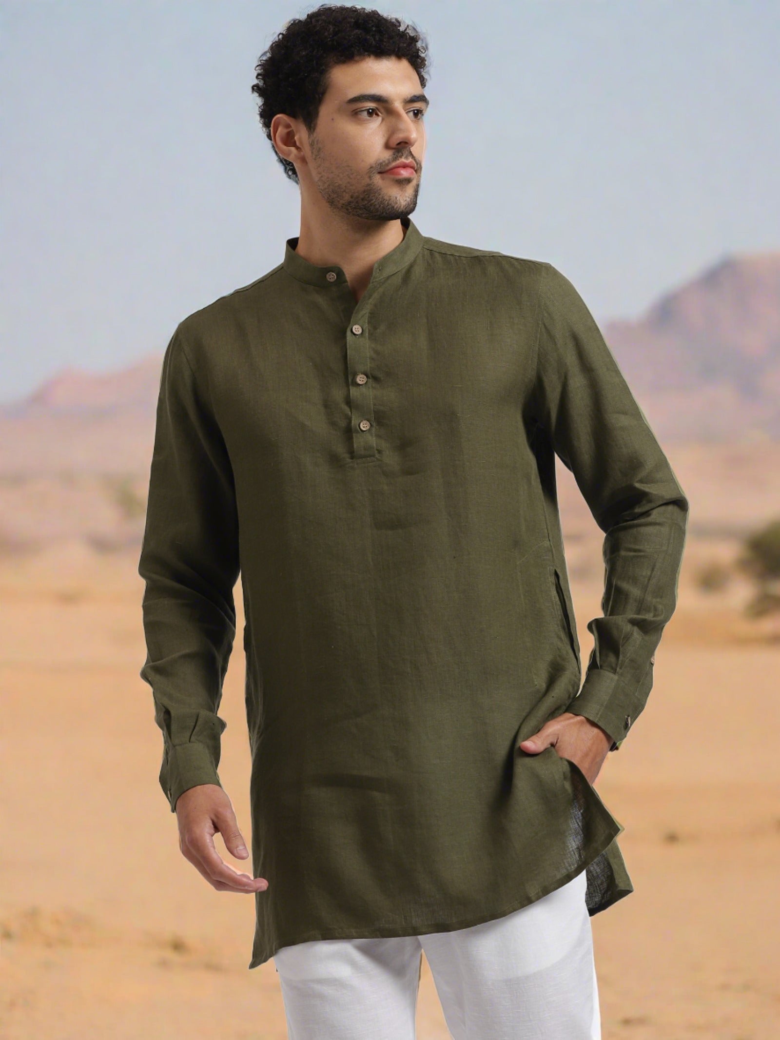 Full Sleeve Mandarin Collar Pure Linen Short Kurta – Linen Trail