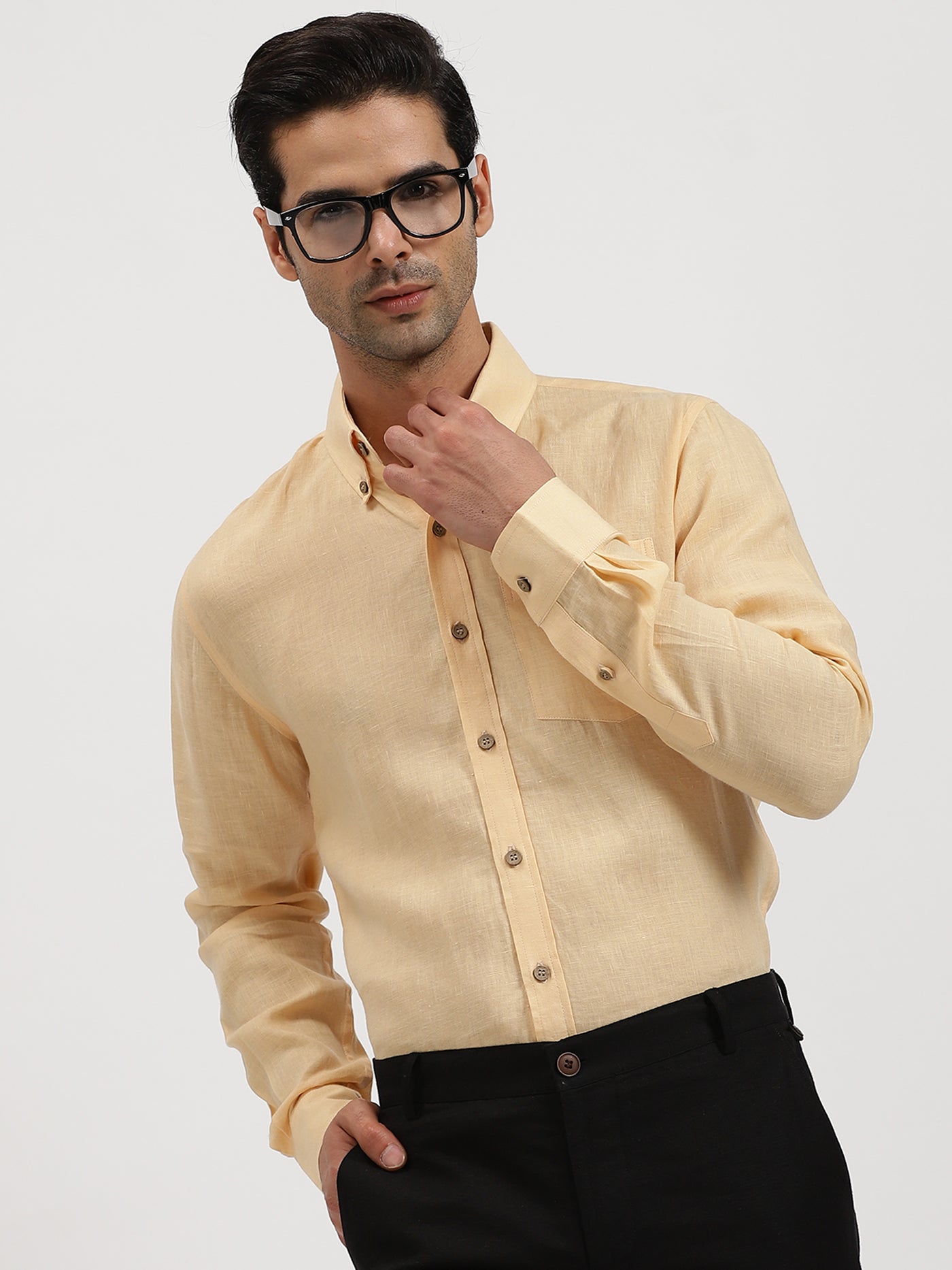 Austin - Pure Linen Button Down Full Sleeve Shirt - Light Orange Sandal