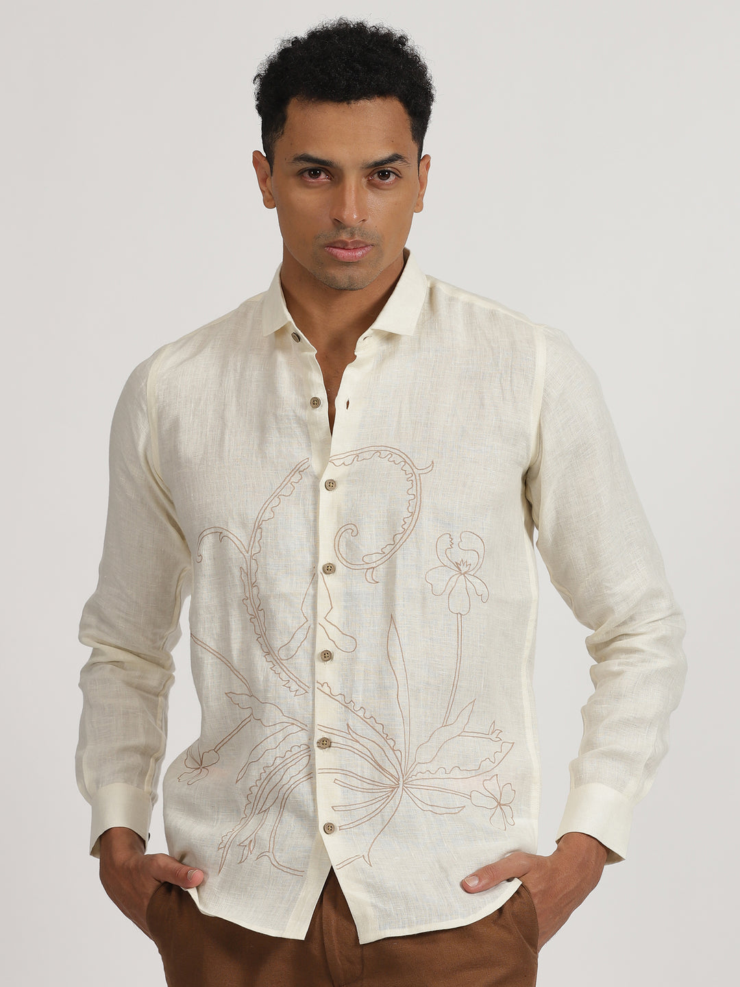 Mason - Pure Linen Hand Embroidered Full Sleeve Shirt - Ivory